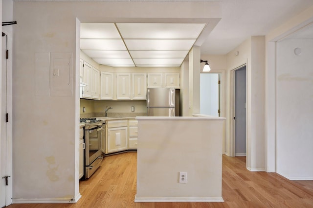 kitchen with pendant lighting, light hardwood / wood-style flooring, stainless steel appliances, and sink