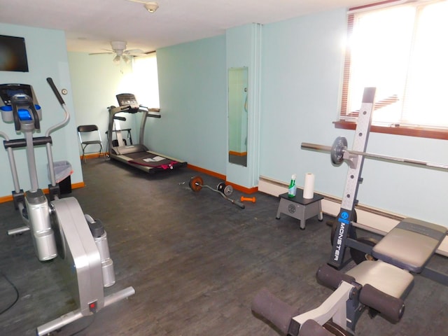 workout room featuring ceiling fan