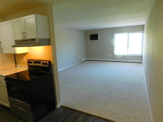 kitchen with black range with electric stovetop, white cabinets, a baseboard radiator, and dark colored carpet