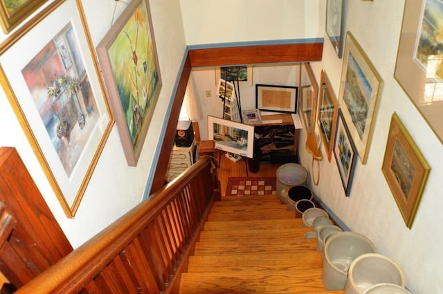 stairs with light hardwood / wood-style flooring