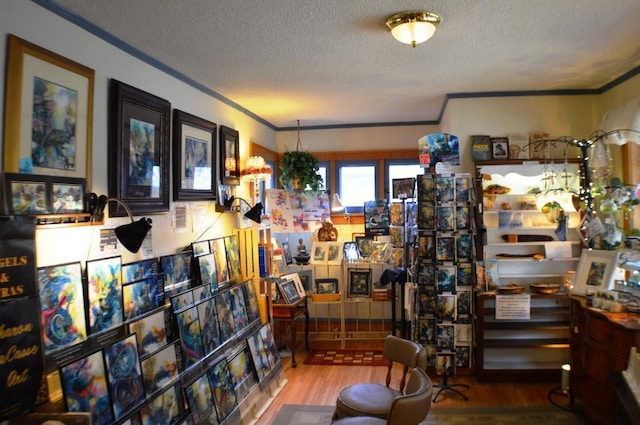 interior space with a textured ceiling, hardwood / wood-style floors, and crown molding