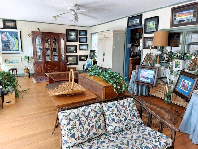 living room featuring a textured ceiling, light hardwood / wood-style floors, and ceiling fan