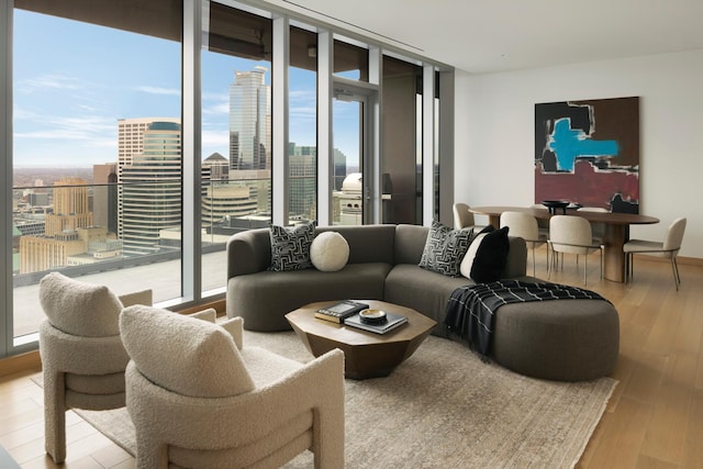 living room featuring floor to ceiling windows and light wood-type flooring