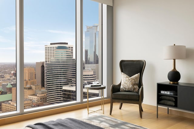 living area featuring light hardwood / wood-style flooring, expansive windows, and a healthy amount of sunlight