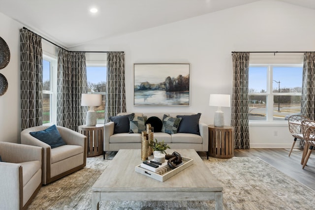 living room with vaulted ceiling and wood-type flooring