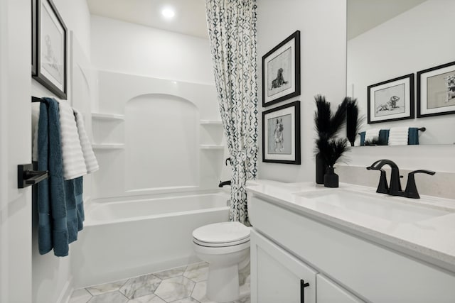 full bathroom with vanity, shower / bath combo with shower curtain, toilet, and tile patterned flooring