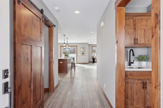 corridor featuring a barn door, sink, and light hardwood / wood-style flooring