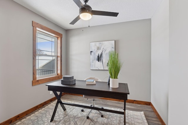 office featuring ceiling fan, light hardwood / wood-style flooring, and a textured ceiling