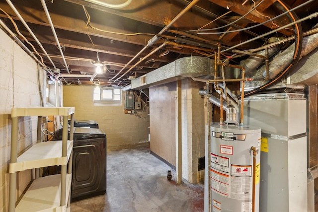 basement with water heater, independent washer and dryer, and electric panel