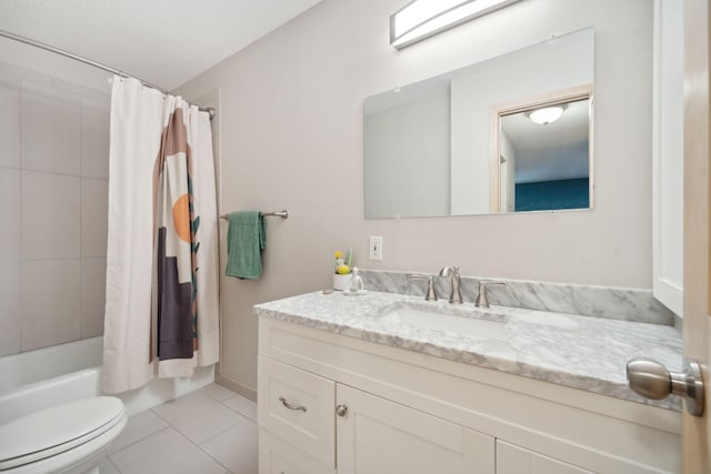 full bathroom with vanity, toilet, shower / bath combination with curtain, and tile patterned flooring