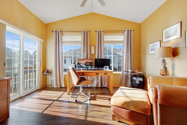 office with ceiling fan, wood-type flooring, and lofted ceiling