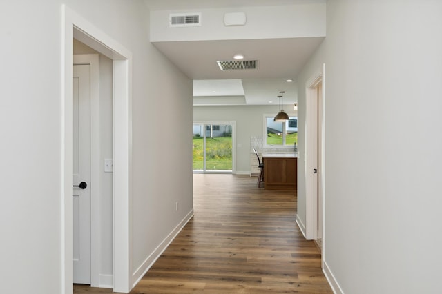 hallway with dark hardwood / wood-style floors