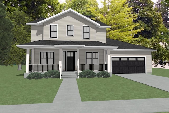 view of front of house featuring a porch, a garage, and a front lawn