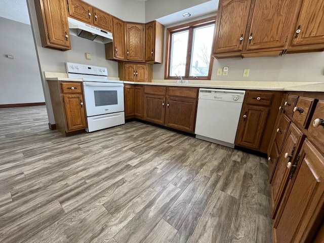 kitchen featuring sink, wood-type flooring, and white appliances