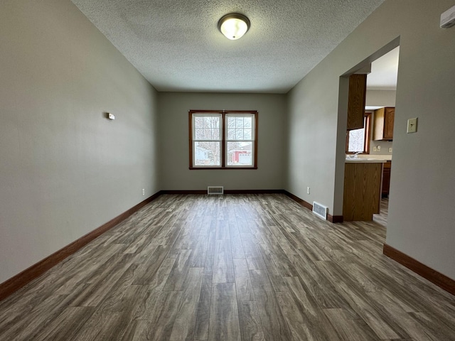 unfurnished room with a textured ceiling, wood-type flooring, and sink