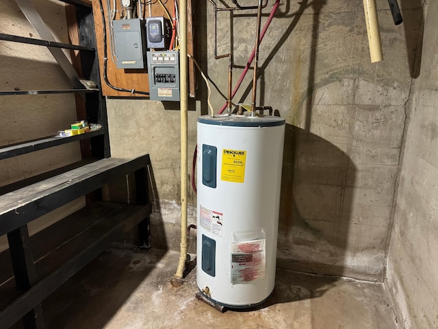 utility room featuring electric panel and water heater