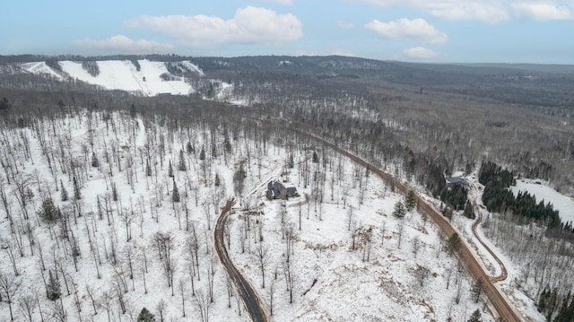 snowy aerial view featuring a mountain view