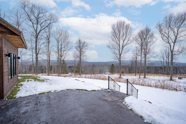 snowy yard featuring a mountain view