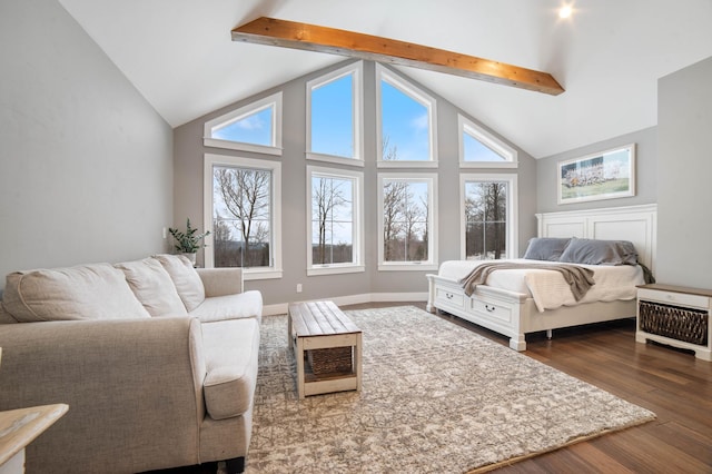 bedroom featuring beam ceiling, dark wood-type flooring, and high vaulted ceiling