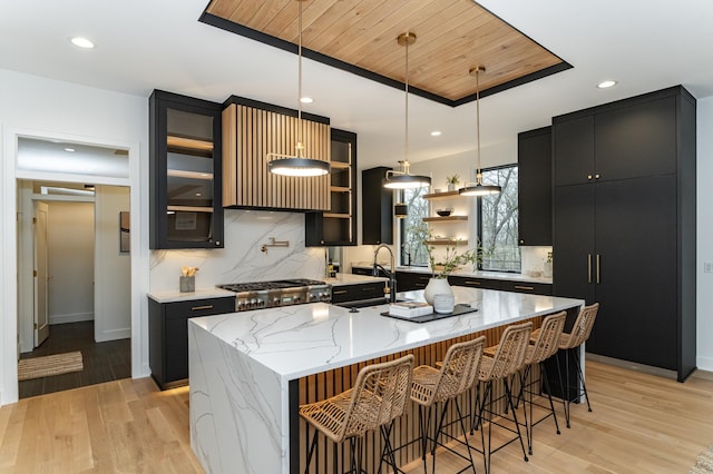 4163 Christopherson Ln SW, Rochester, MN 55902 - kitchen with dark cabinetry, light wood-style floors, pendant lighting, backsplash, and recessed lighting