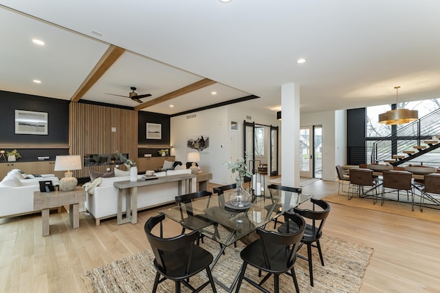 4163 Christopherson Ln SW, Rochester, MN 55902 - dining space with light wood-style flooring, ceiling fan, beamed ceiling, recessed lighting, and stairway