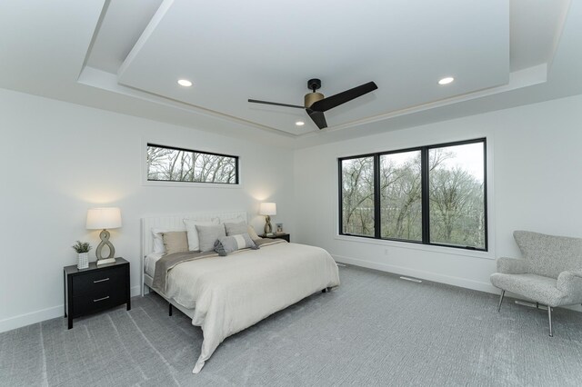 4163 Christopherson Ln SW, Rochester, MN 55902 - carpeted bedroom featuring a raised ceiling, multiple windows, recessed lighting, baseboards, and a ceiling fan