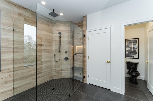 4163 Christopherson Ln SW, Rochester, MN 55902 - bathroom featuring tile patterned flooring, a shower stall, recessed lighting, and toilet