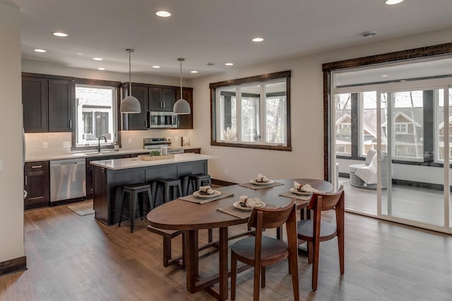 dining space with sink and hardwood / wood-style floors