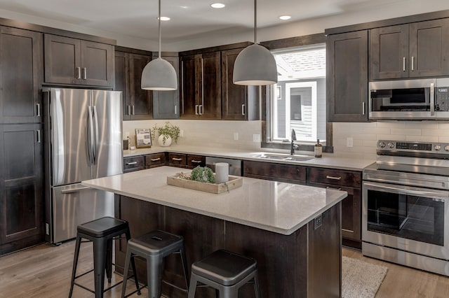 kitchen with appliances with stainless steel finishes, hanging light fixtures, and light hardwood / wood-style flooring