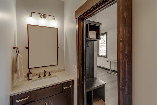 bathroom with hardwood / wood-style floors and large vanity