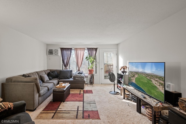 carpeted living room featuring a textured ceiling