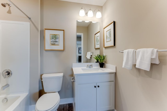 full bathroom with toilet, vanity, and bathtub / shower combination