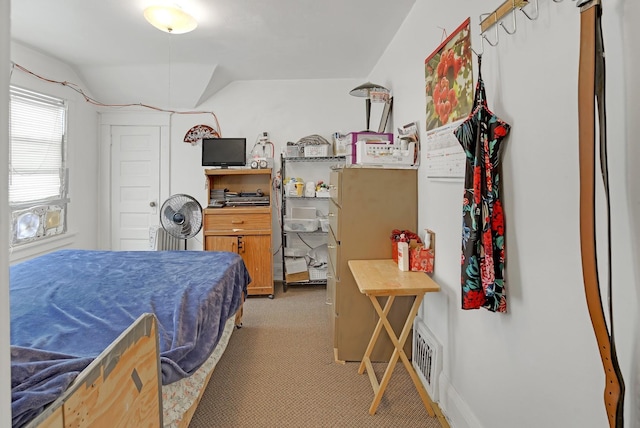 bedroom with dark colored carpet and lofted ceiling