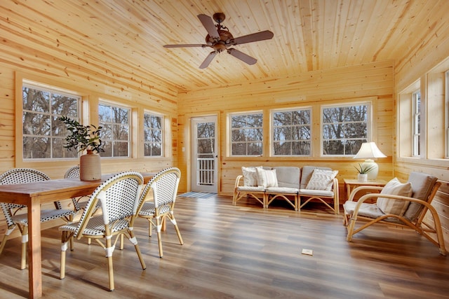 sunroom / solarium with ceiling fan and wood ceiling