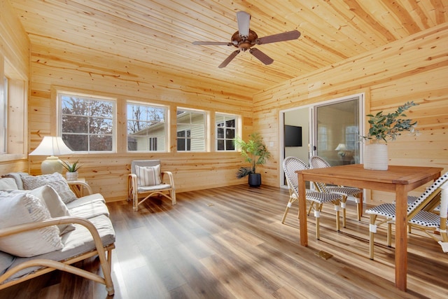 sunroom / solarium featuring ceiling fan and wooden ceiling