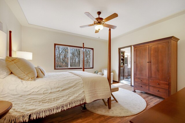 bedroom with light hardwood / wood-style floors and ceiling fan