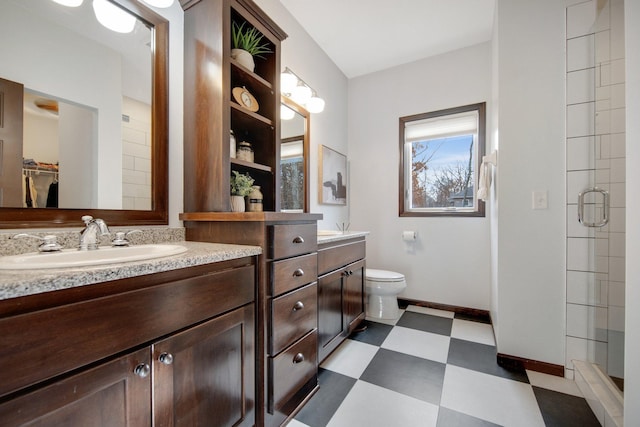 bathroom with vanity, toilet, and an enclosed shower