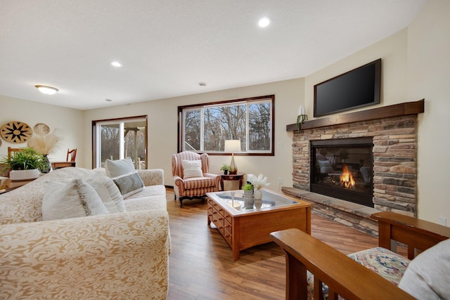 living room featuring a stone fireplace and light wood-type flooring