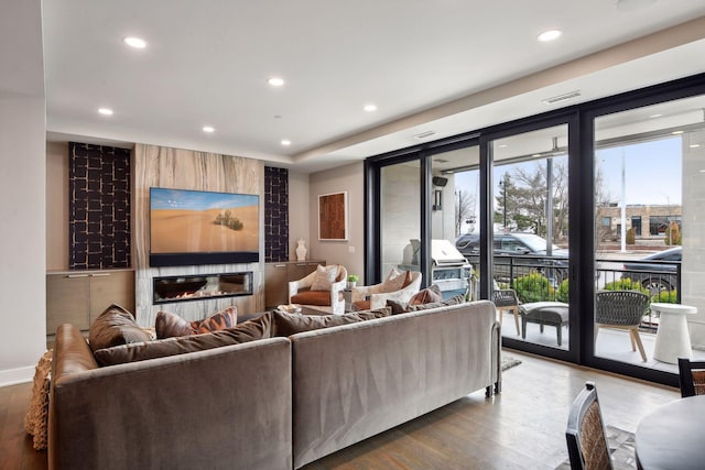 living room featuring hardwood / wood-style floors and a fireplace