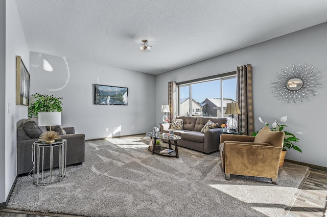 carpeted living room with a textured ceiling