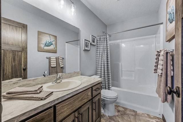 full bathroom with toilet, a textured ceiling, vanity with extensive cabinet space, tile flooring, and shower / tub combo