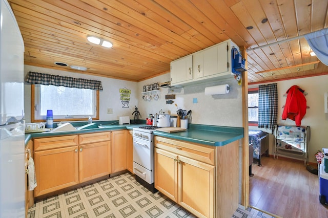 kitchen featuring white appliances, light hardwood / wood-style floors, wooden ceiling, and sink