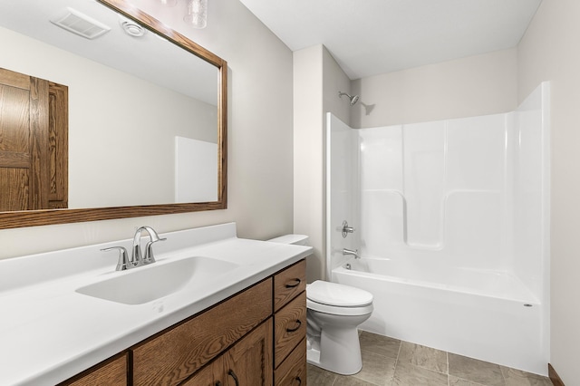 full bathroom featuring shower / washtub combination, toilet, and vanity