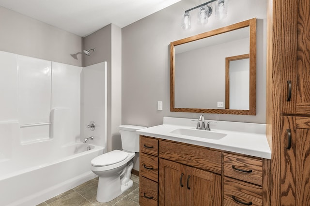 full bathroom featuring vanity, shower / bath combination, tile patterned flooring, and toilet