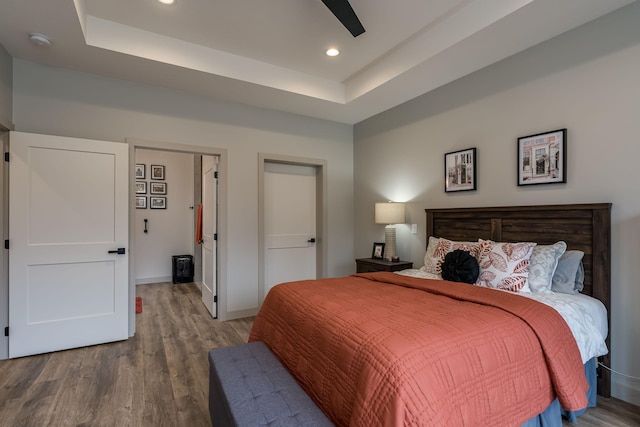 bedroom with a raised ceiling, ceiling fan, and wood-type flooring