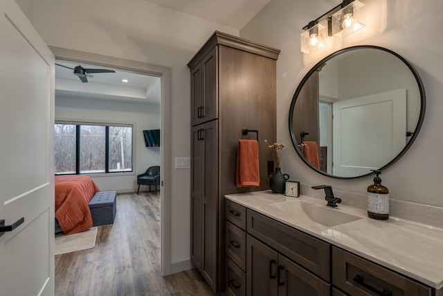 bathroom with ceiling fan, vanity, and wood-type flooring