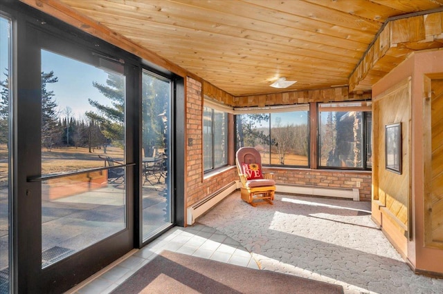 sunroom featuring wood ceiling and a baseboard radiator