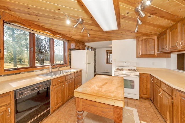 kitchen with light tile patterned flooring, sink, wood ceiling, a baseboard radiator, and white appliances