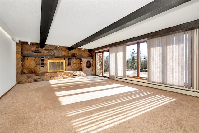 unfurnished living room with a textured ceiling, carpet, beamed ceiling, and baseboard heating