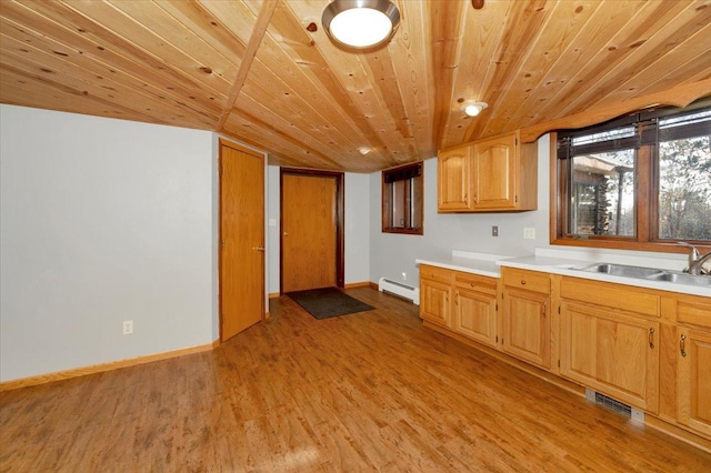 kitchen with wood ceiling, sink, light hardwood / wood-style flooring, and a baseboard heating unit